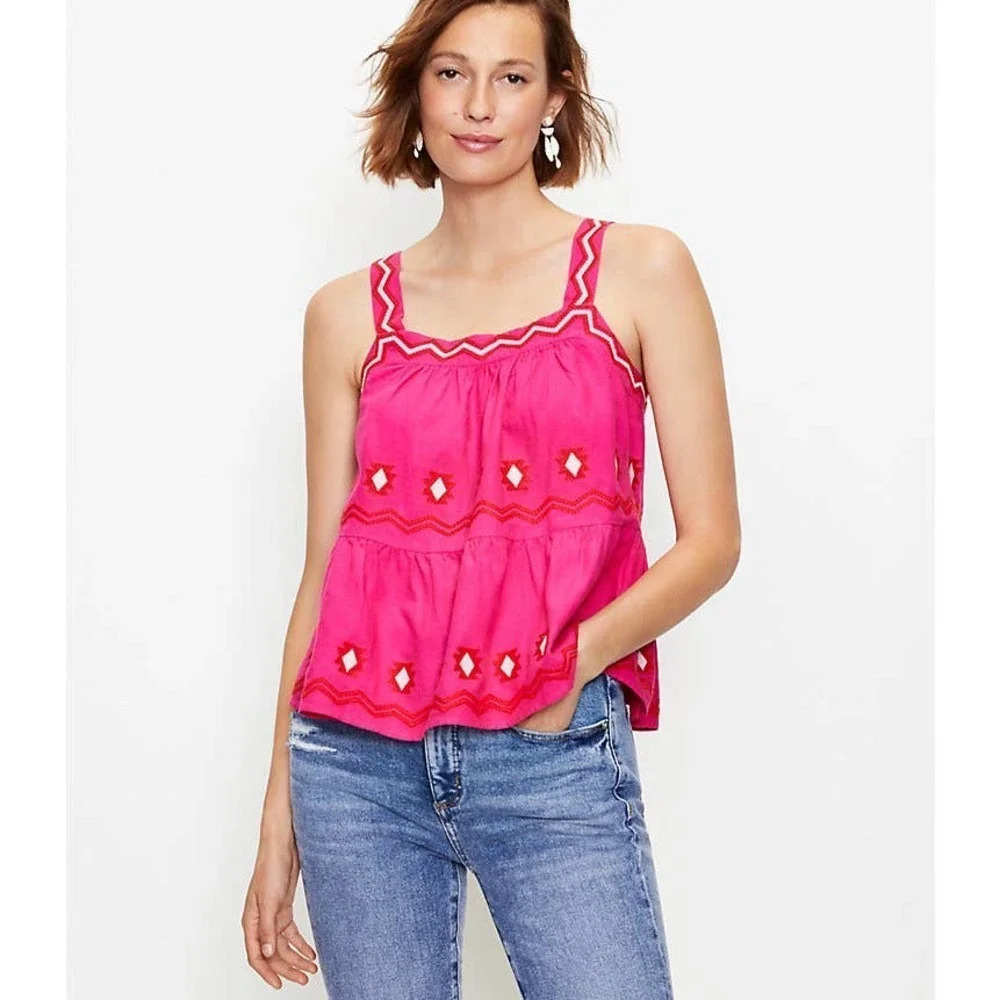 LOFT Women's Pink Embroidered Tiered Cami Size XS